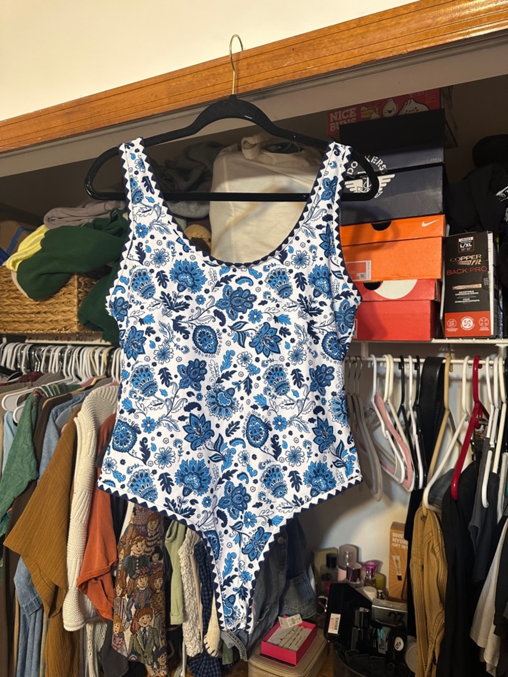 SHEIN Blue and White Floral One-Piece Swimsuit